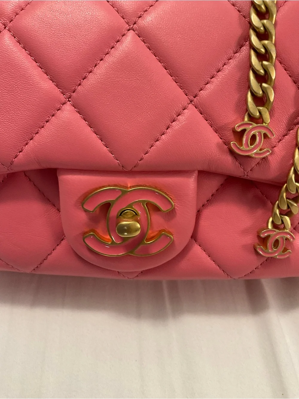 22P Pink Enamel Lambskin Quilted Pending CC Small Square Flap Aged Gold Hardware